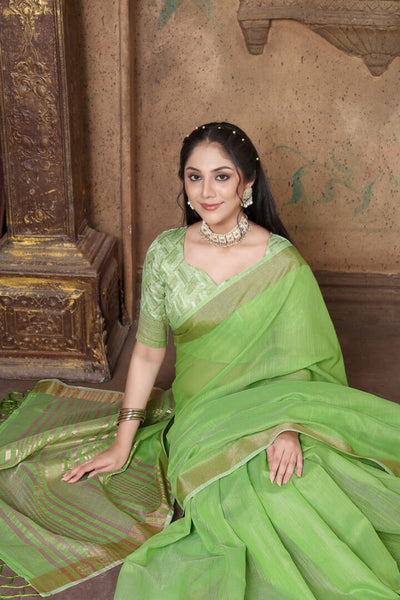 Indyancart GR Women's Canvas Grass Green Soft Linen Solid Woven Saree