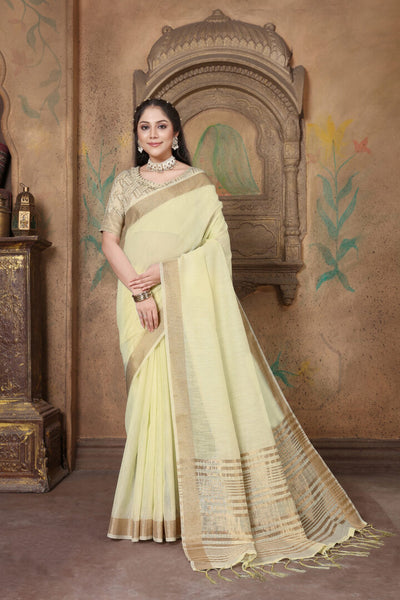 Indyancart GR Women's Canvas Atrium White Soft Linen Solid Woven Saree