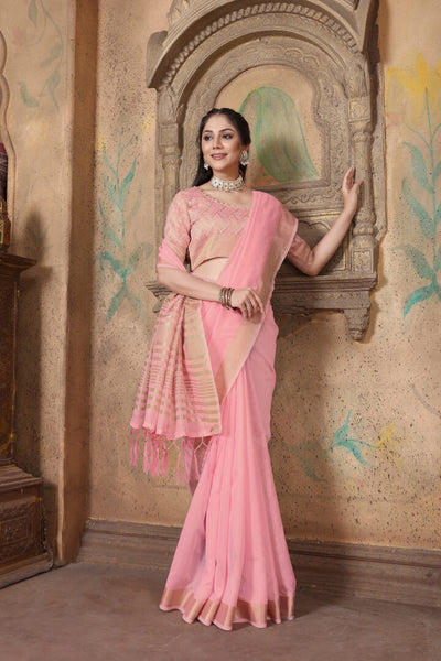 Indyancart GR Women's Canvas Delicate Rose Pink Soft Linen Solid Woven Saree