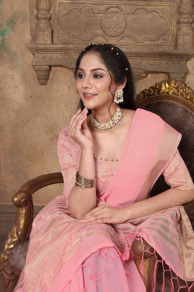 Indyancart GR Women's Canvas Delicate Rose Pink Soft Linen Solid Woven Saree