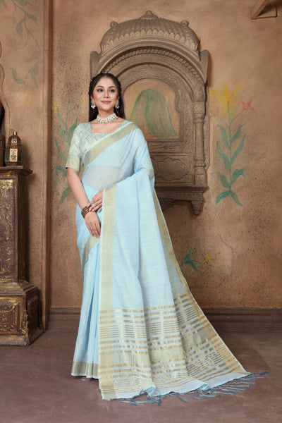 Indyancart GR Women's Canvas Light Summer Blue Soft Linen Solid Woven Saree