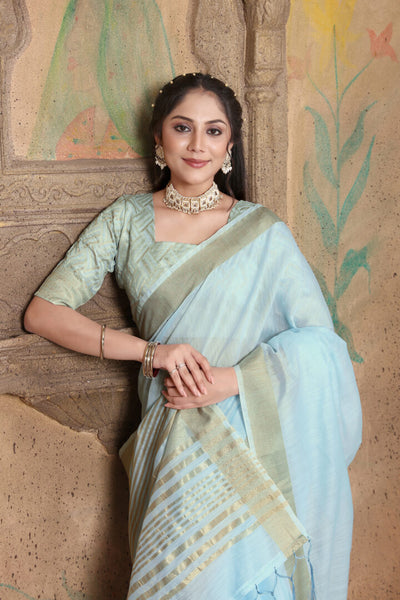 Indyancart GR Women's Canvas Light Summer Blue Soft Linen Solid Woven Saree