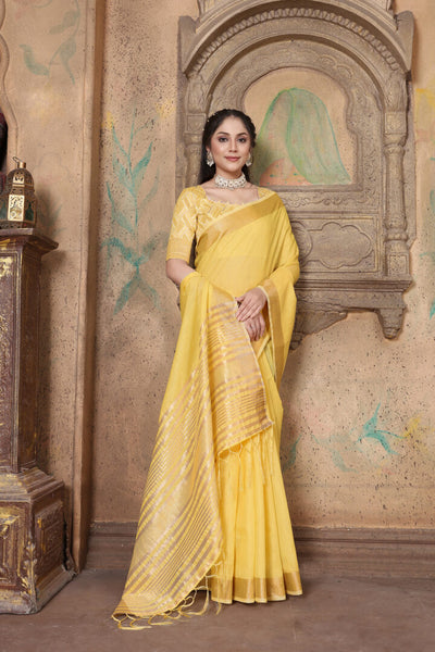 Indyancart GR Women's Canvas Gold Yellow Soft Linen Solid Woven Saree