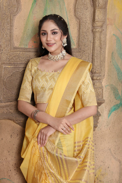 Indyancart GR Women's Canvas Gold Yellow Soft Linen Solid Woven Saree