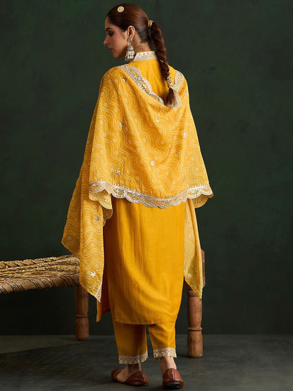 Indyancart IE Mustard Yellow Floral Embroidered V-Neck Straight Kurta with Trousers & Dupatta