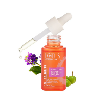 Lotus Herbals Retemin Plant Retinol and Vitamin C Brightening Facial Oil, natural face oil for skin rejuvenation and glow.