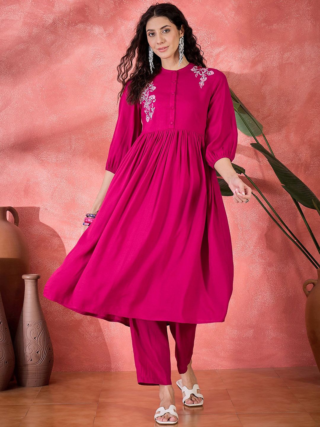 Indyancart SN Women's Floral Embroidered Band Collar Anarkali Kurta With Trousers