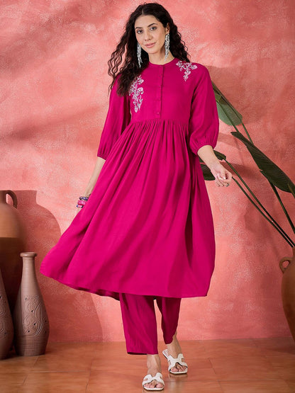 Indyancart SN Women's Floral Embroidered Band Collar Anarkali Kurta With Trousers