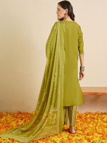 Women Ethnic Motifs Embroidered Regular Thread Work Pure Cotton Kurta with Trousers & With Dupatta