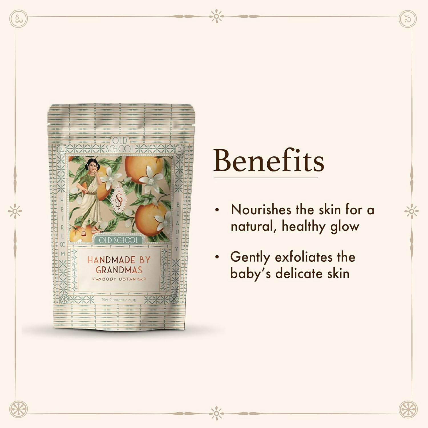 Old School Rituals handmade baby body ubtan powder in a natural bath powder for gentle baby skin care.