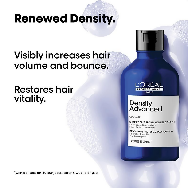 L'Oreal Paris Density Advanced Shampoo for thinning hair, showing a bottle of volumizing shampoo for fine, fragile hair.