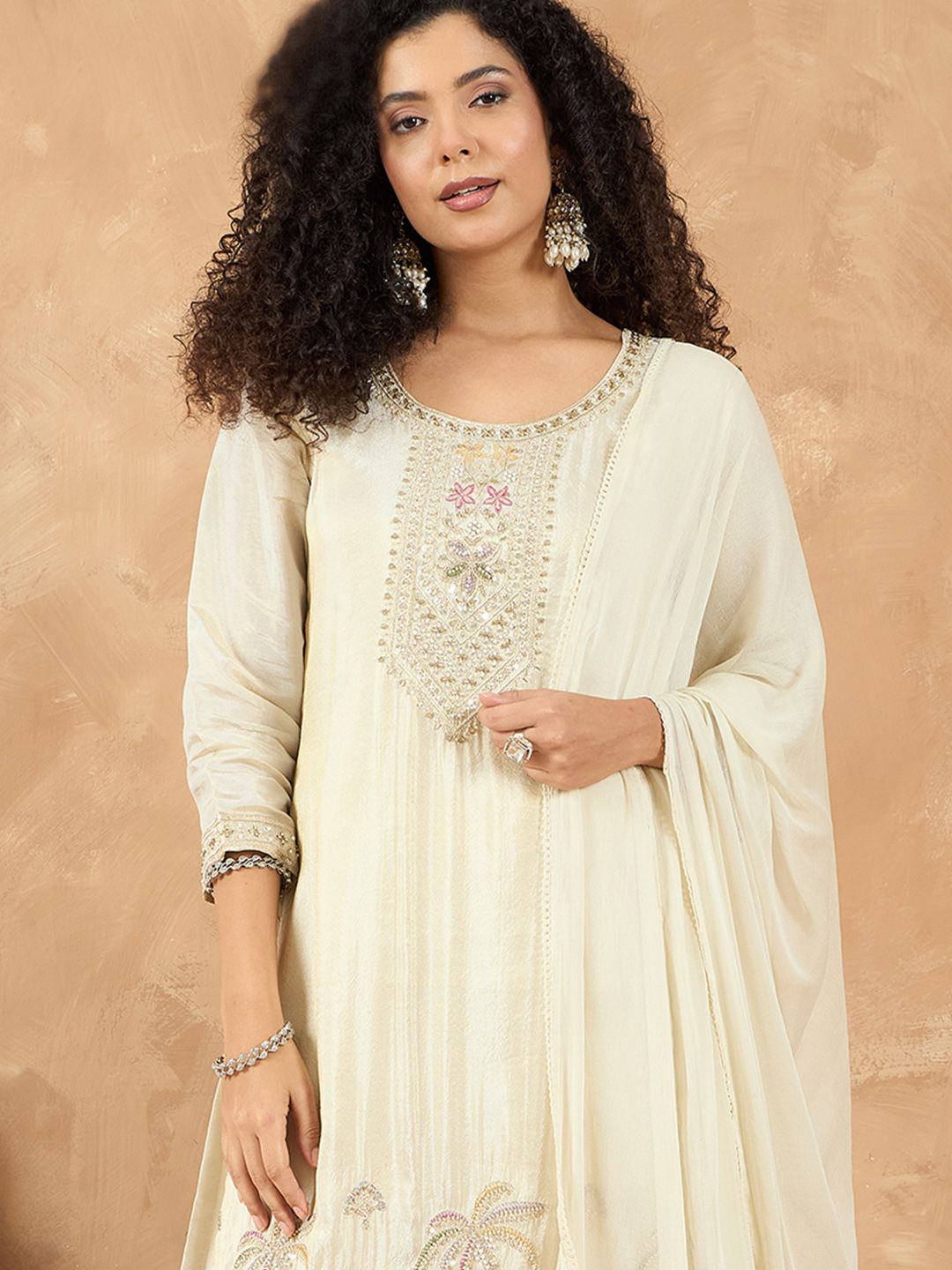 Indyancart VA Women Ethnic Motifs Embroidered Regular Thread Work Kurta with Palazzos & With Dupatta