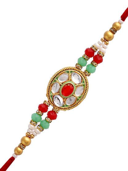 Anouk Gold-Toned Kundan-Studded & Beaded Rakhi With Roli Chawal & Greeting Card
