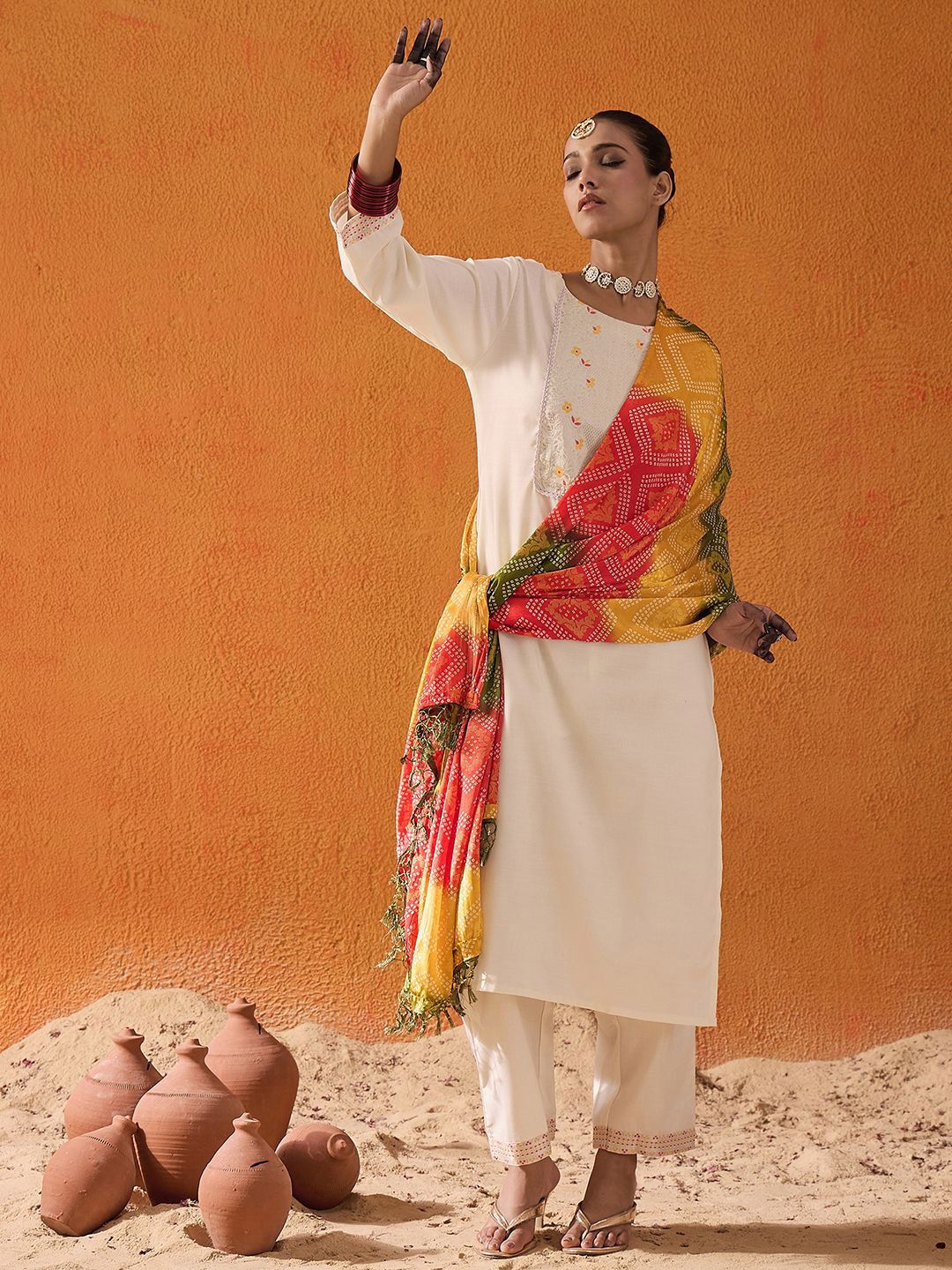 Indyancart IE Floral Woven Design Pure Cotton Straight Kurta With Trousers & Dupatta