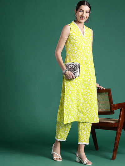 Indyancart IE Printed Sleeveless Pure Cotton Tunic With Trouser