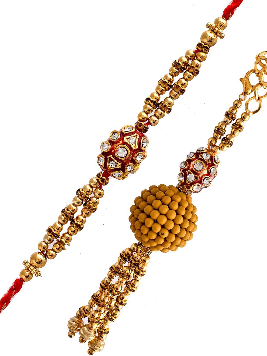 Anouk Gold-Toned Rudraksha Beaded Bhaiya Bhabhi Rakhi With Roli Chawal & Greeting Card