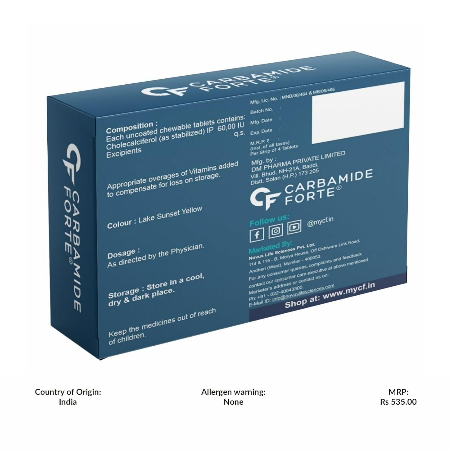 Carbamide Forte Cholecalciferol 60000 IU Vitamin D3 Ayurvedic tablets, showing the supplement bottle and tablets.