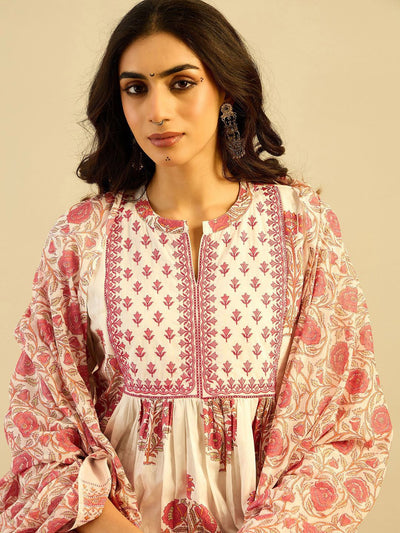 Indyancart IE Ethnic Motifs Embroidered Anarkali Pure Cotton Kurta with Palazzos & With Dupatta