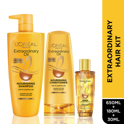 L'Oreal Paris Extraordinary Oil Hair Combo with bottles of hair oil for shiny, frizz-free hair and smooth hair care.
