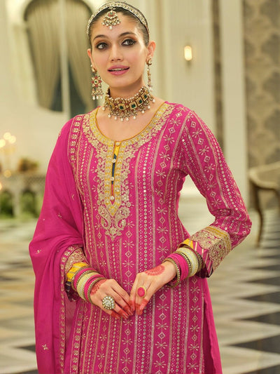 Indyancart IE Women Ethnic Motifs Embroidered Regular Sequinned Kurta Set With Dupatta