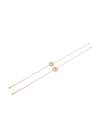 Anouk Men Set Of 2 Peach & Green Kundan Studded Round Floral Design Rakhi With Roli Chawal