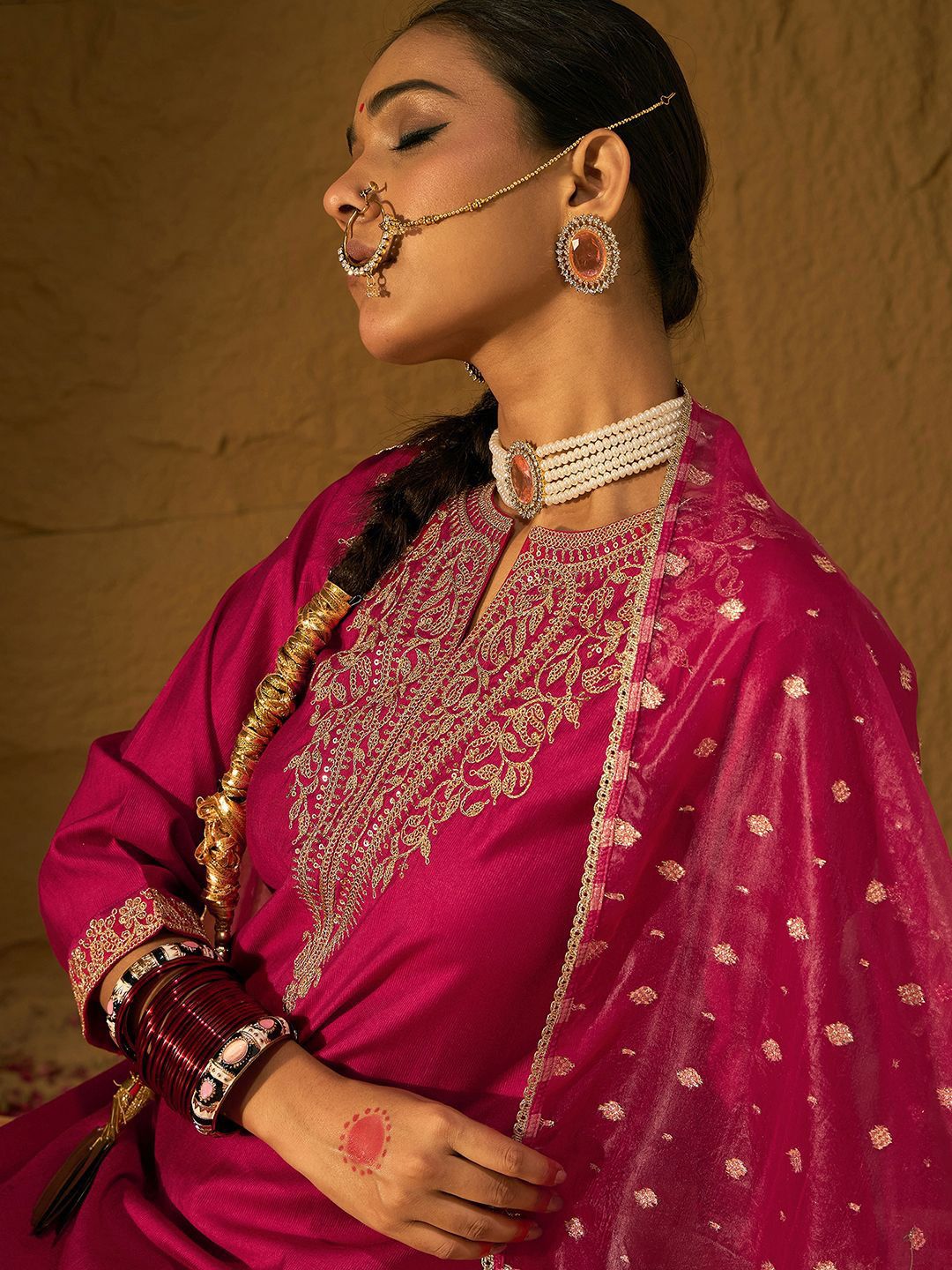 Indyancart IE Ethnic Motifs Yoke Design Straight Zari Liva Kurta with Trousers & Dupatta