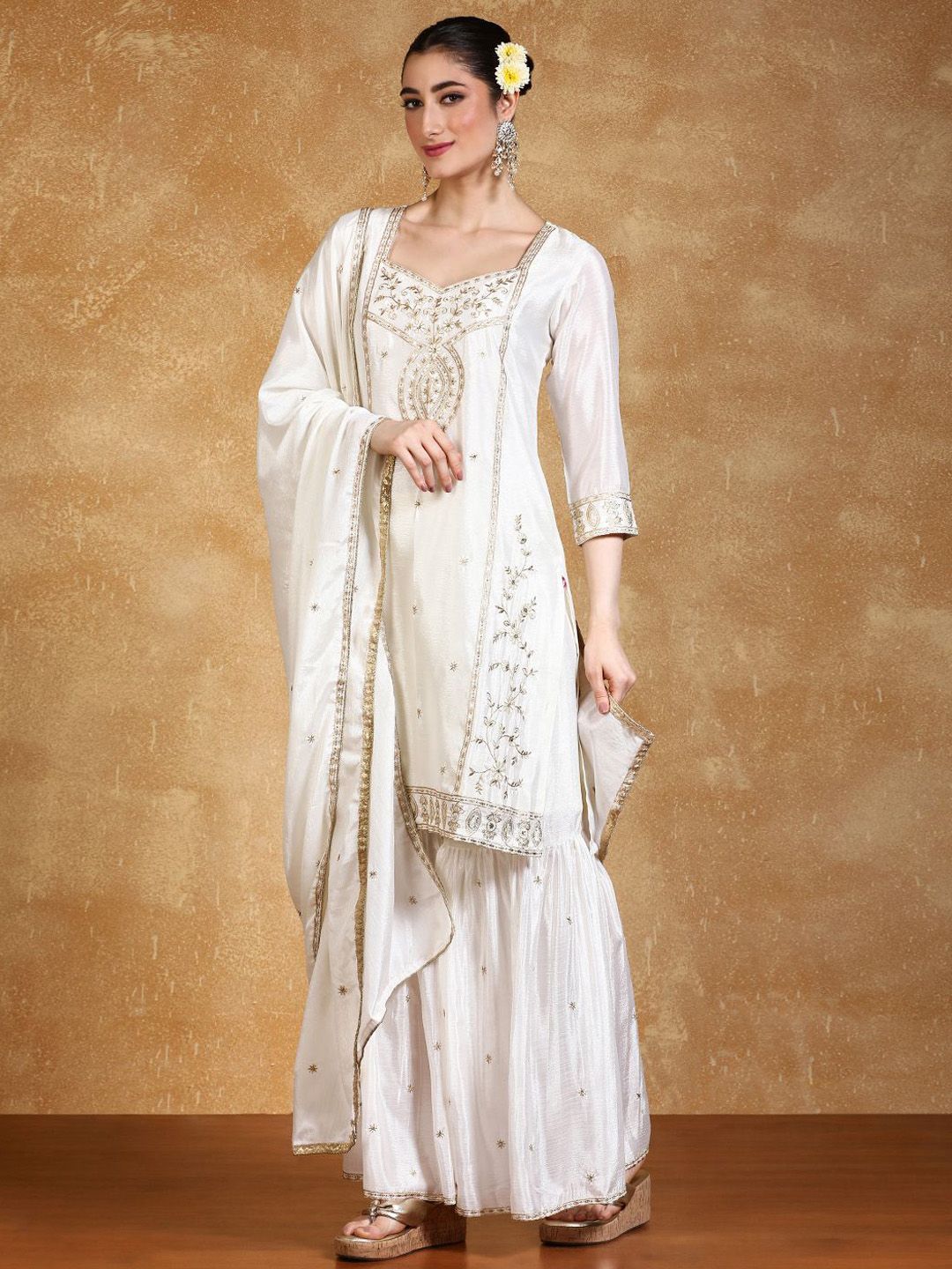 Indyancart VA Women Floral Embroidered Kurta with Sharara & Dupatta