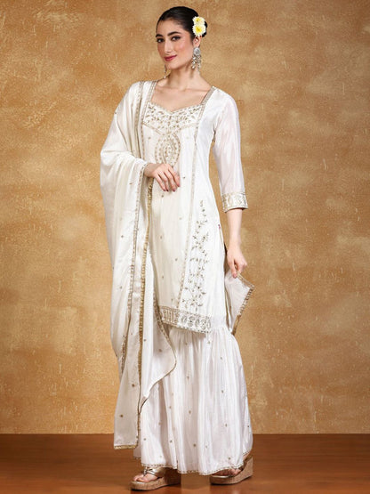 Indyancart VA Women Floral Embroidered Kurta with Sharara & Dupatta