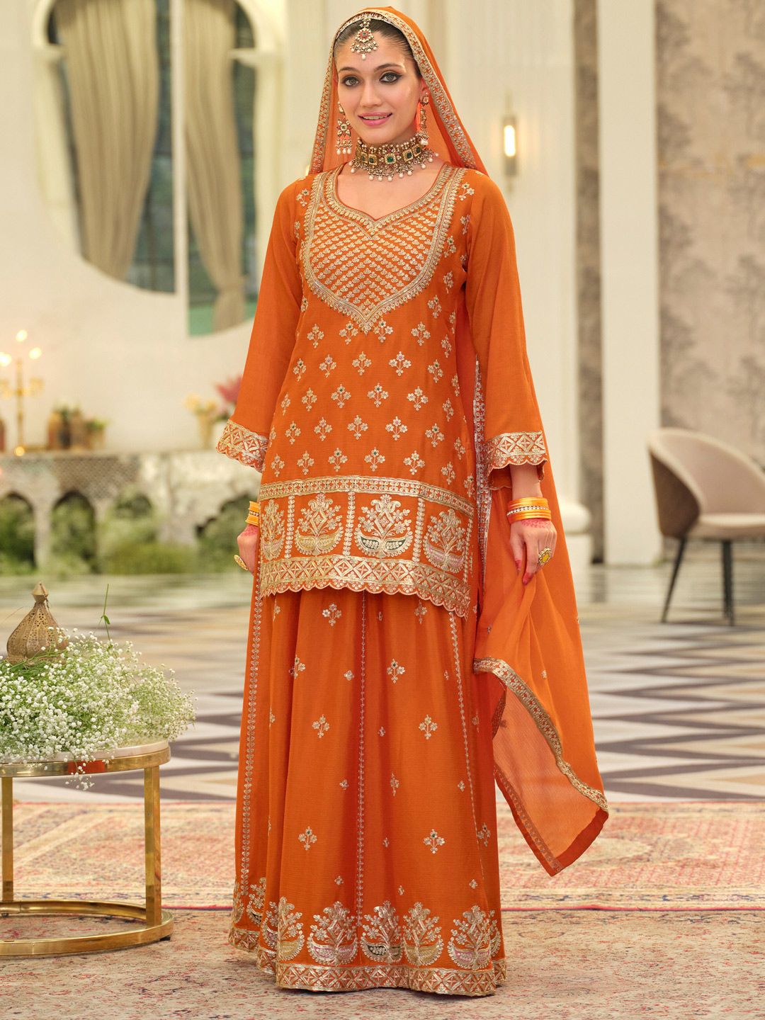Women Ethnic Motifs Embroidered Long Sleeves Straight Kurta with Skirt & Dupatta