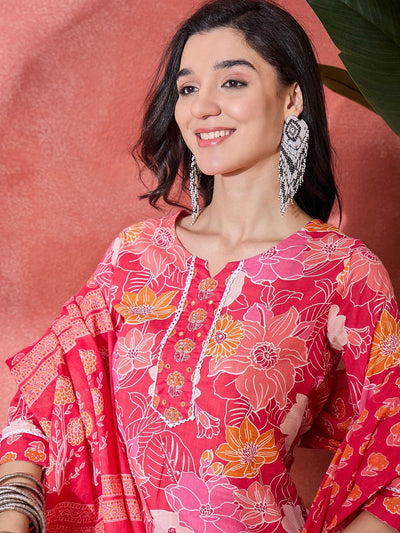 Indyancart SN Women's Floral Printed Notch Neck Pure Cotton Straight Kurta With Trouser & Dupatta