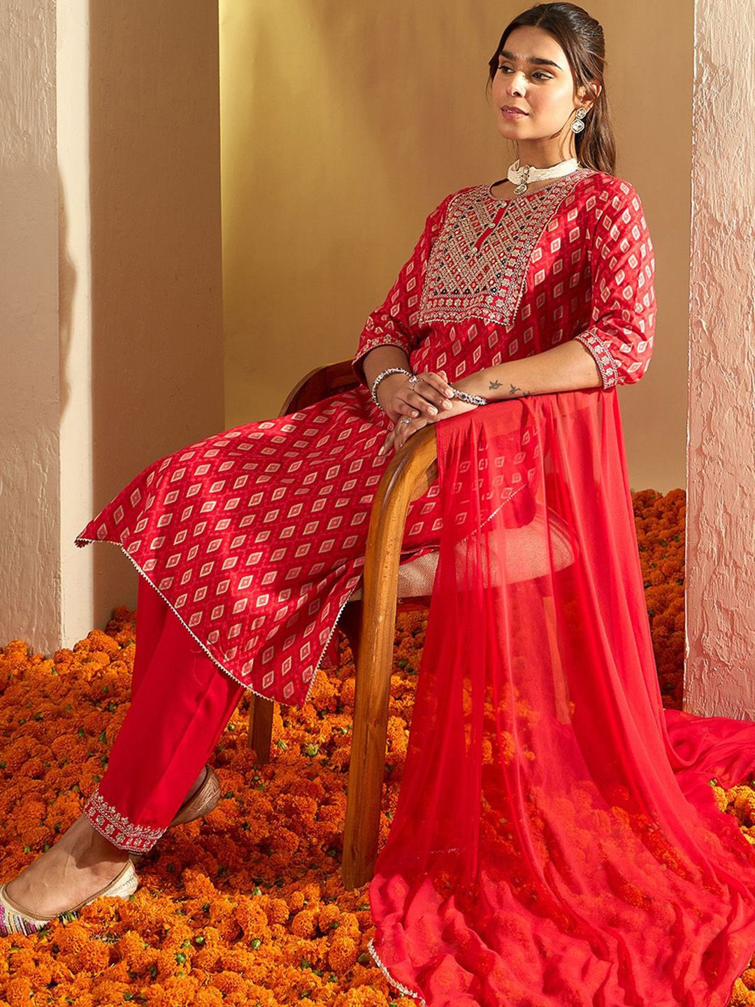 Indyancart IE Floral Printed Mirror Work Straight Kurta With Trousers & Dupatta