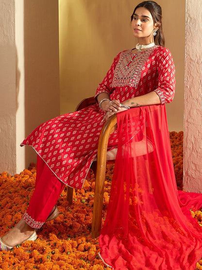 Indyancart IE Floral Printed Mirror Work Straight Kurta With Trousers & Dupatta