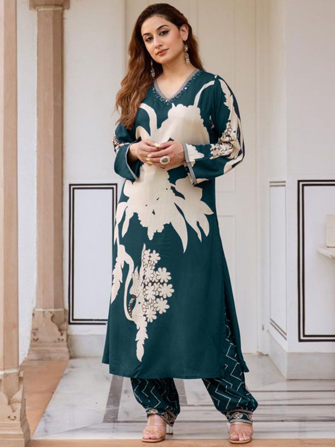 Floral Printed Sequinned A-Line Kurta With Salwar