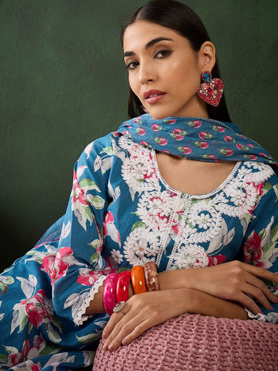 Indyancart SN Women's Floral Embroidered Pure Cotton Straight Kurta With Trouser & Dupatta