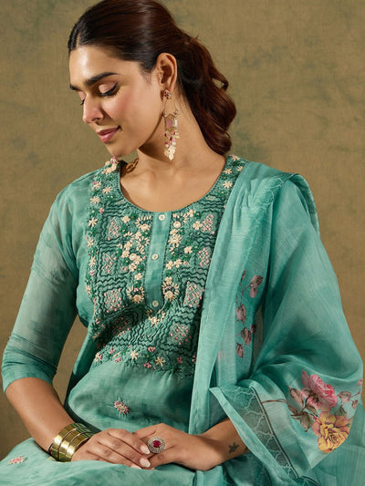 Indyancart IE Floral Embroidered Thread Work Chanderi Silk Kurta with Trousers & Dupatta