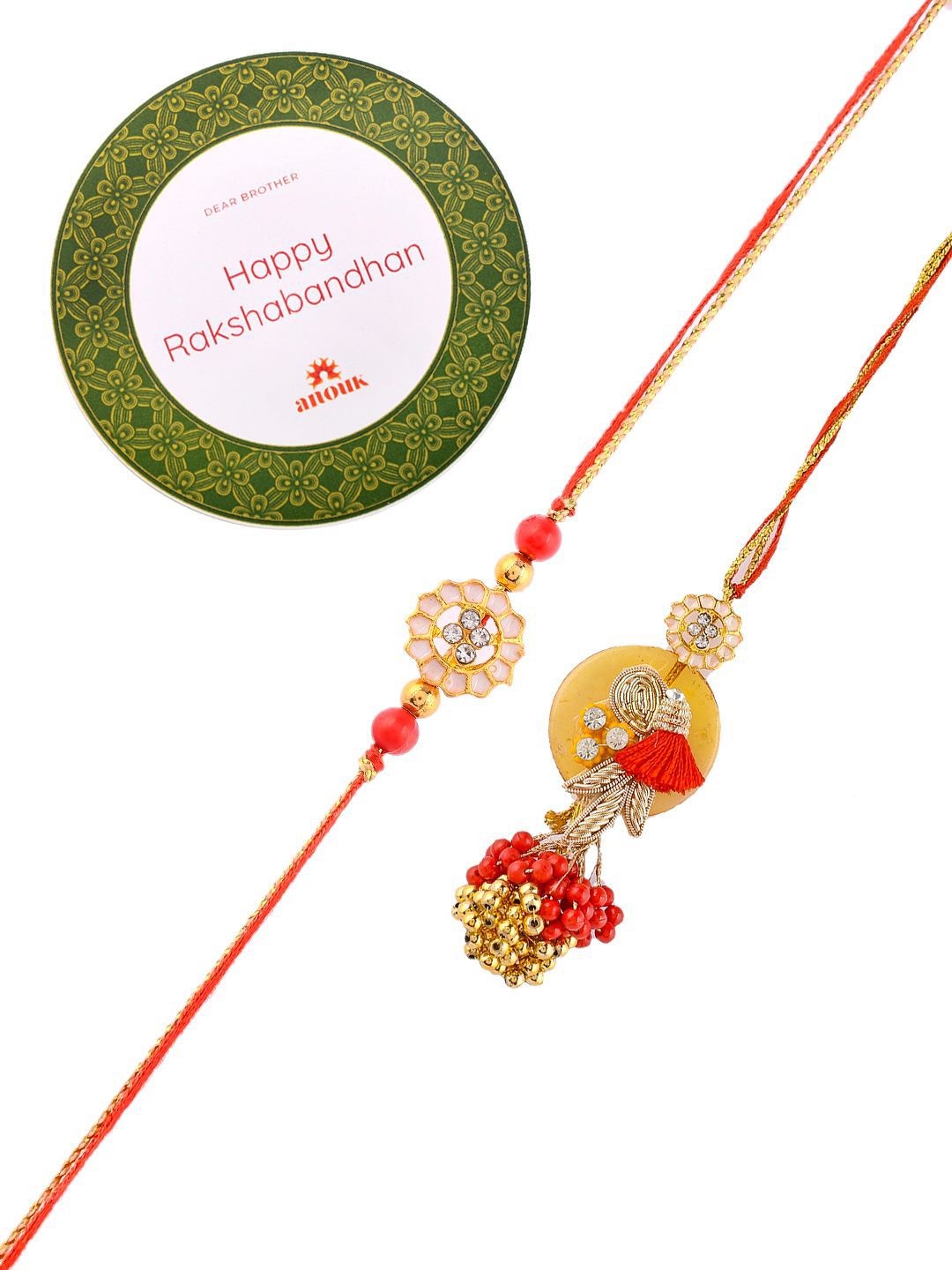 Anouk Orange Beaded Bhaiya Bhabhi Rakhi With Roli Chawal & Greeting Card