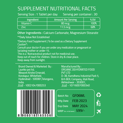 Laurik Plant Based Vitamin C With Zinc Supplements Tablets For Men & Women | Maintain Energy Levels & Boost Immunity
