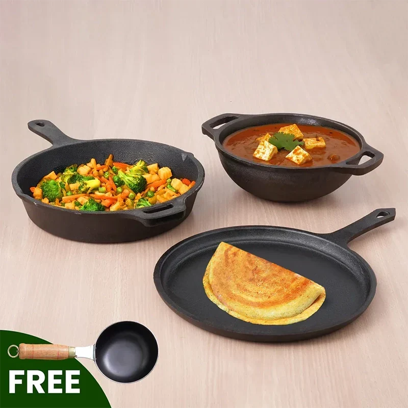 The Indus Valley CASTrong Cast Iron Cookware Set: Tawa + Fry Pan + Wok Kadai, Kitchen set for Home, Pre-seasoned,100% Pure Cast Iron Cookware,Toxin-free Pots and Pans,Tadka Pan