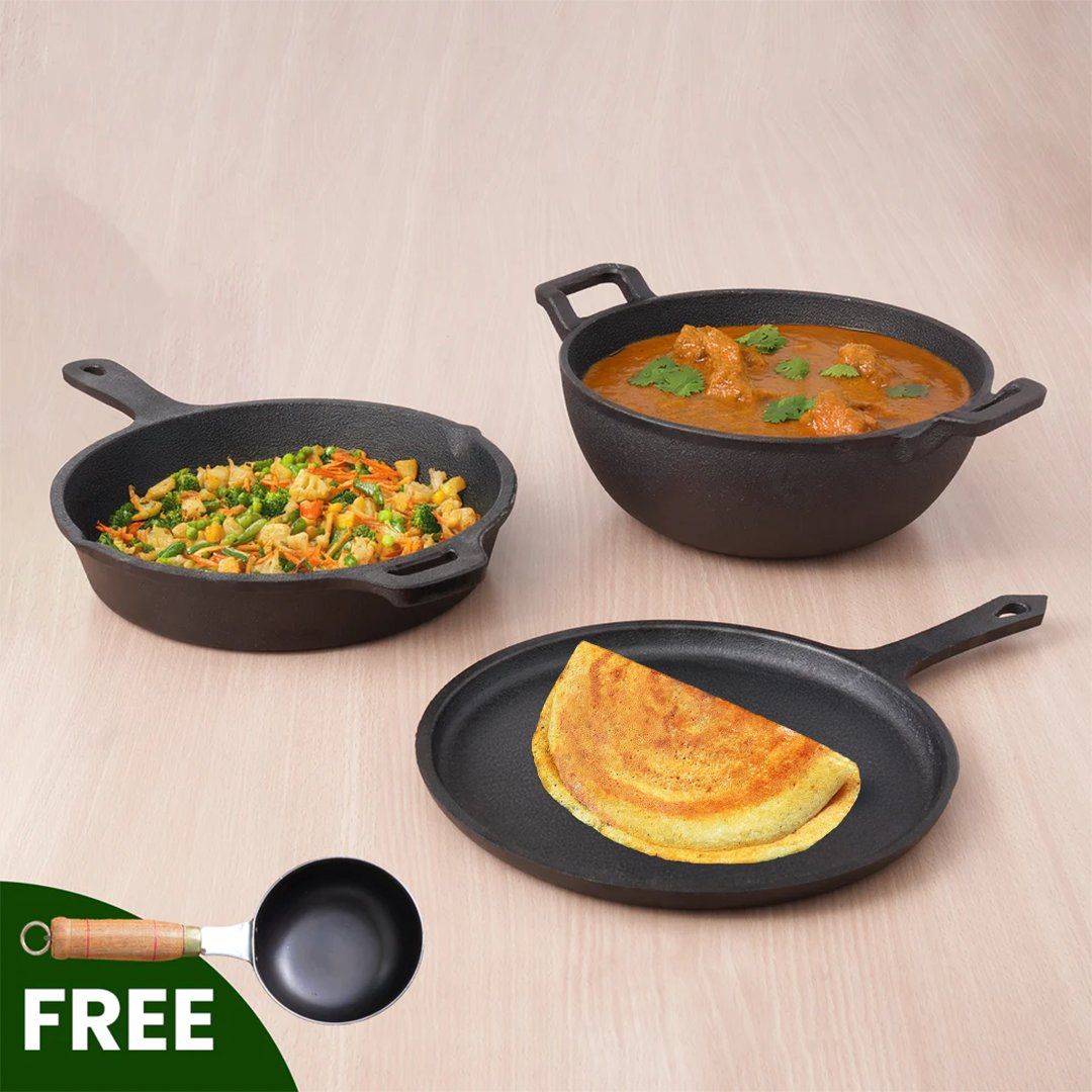 The Indus Valley CASTrong Cast Iron Cookware Set: Tawa+ Kadai+ Frypan, Kitchen Set for Home, Pre-seasoned, 100% Pure, Induction, Tadka Pan