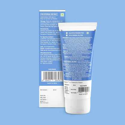 The Derma Co Sali-Cinamide Anti-Acne Face Wash in a clear pump bottle with white and blue packaging and product label visible.