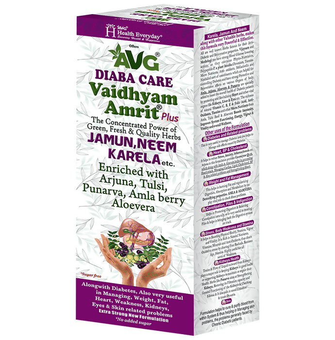 Bottle of AVG Diaba Care Vaidhyam Amrit Plus Ayurvedic syrup with herbal ingredients in a clear glass container.