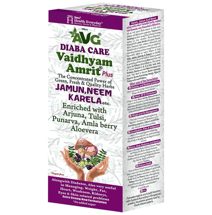 Bottle of AVG Diaba Care Vaidhyam Amrit Plus Ayurvedic syrup with herbal ingredients in a clear glass container.