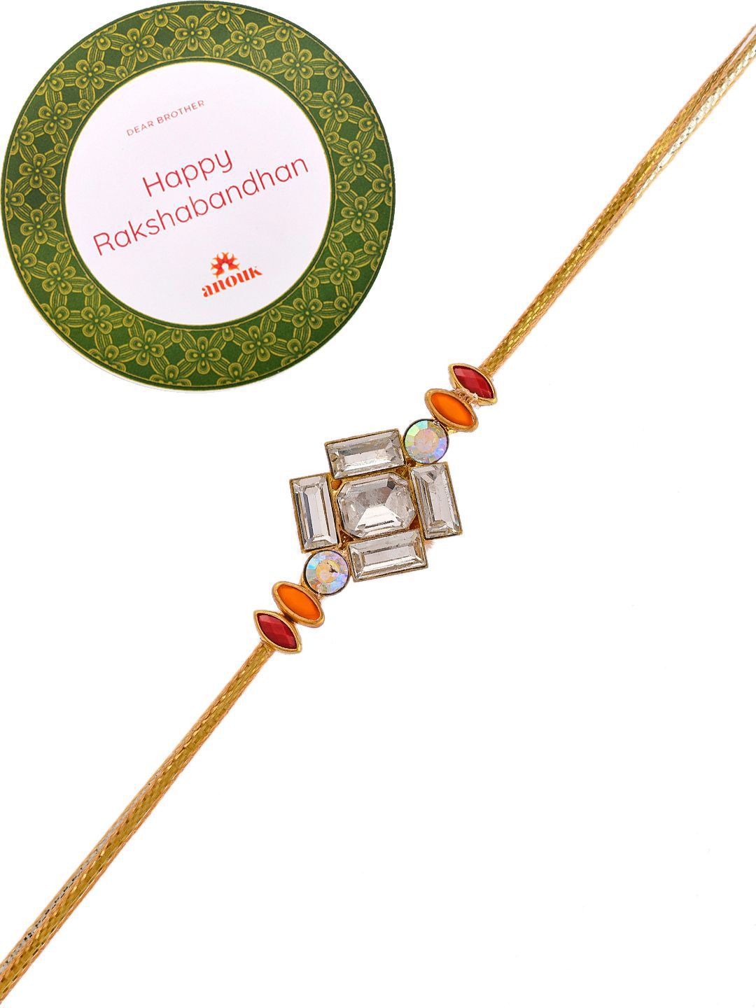 Anouk Gold Toned American Diamond Stone Studded Rakhi With Roli Chawal & Greeting Card