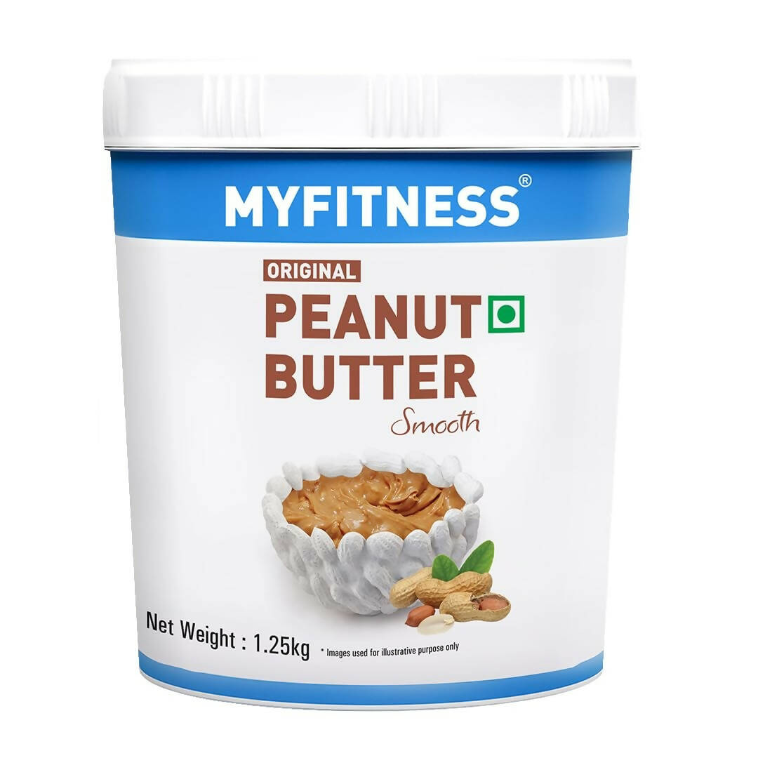 Creamy Myfitness Original Peanut Butter Smooth jar, a nutritious spread with a smooth texture and natural peanut appearance.