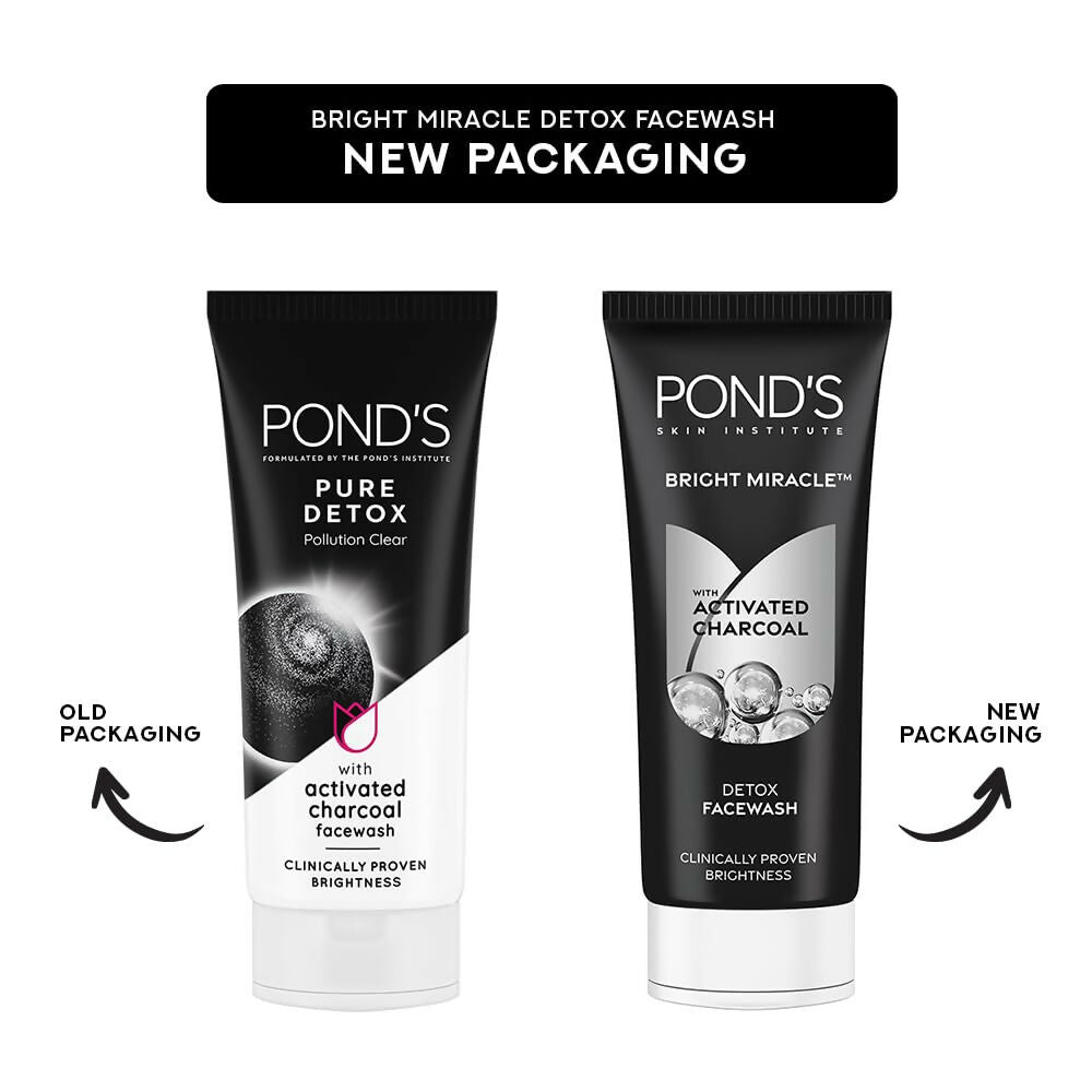 Ponds Bright Miracle Detox face wash with activated charcoal, showing a tube of deep-cleaning facial cleanser for glowing skin.