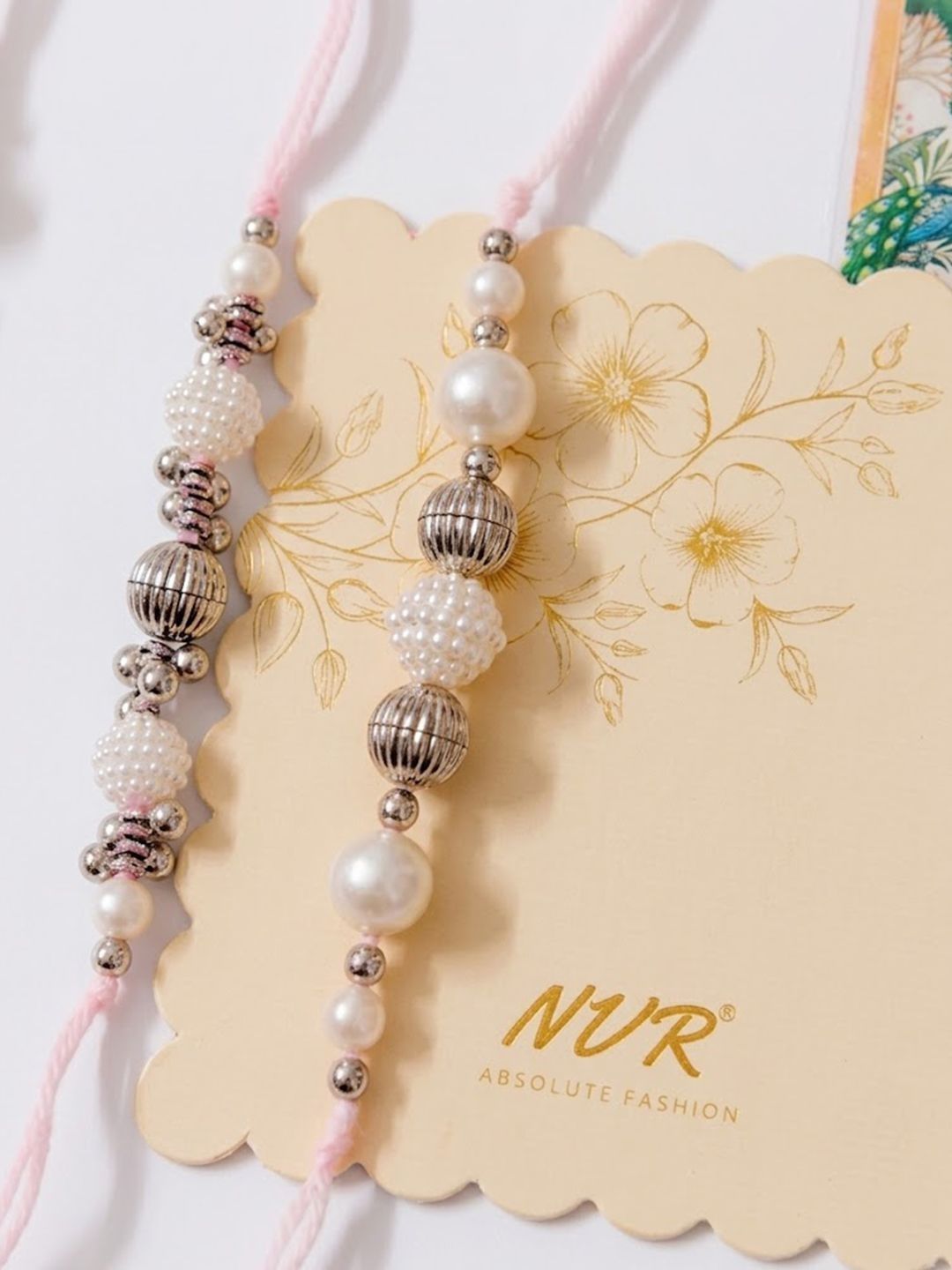 Anouk Set Of 3 White Pearls Thread Rakhi With Roli Chawal Chandan Mishri