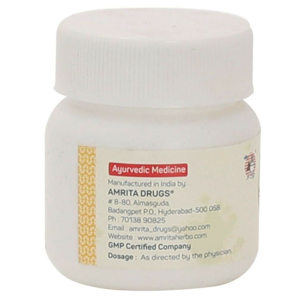 Amrita Amavatari Ras Ayurvedic tablets in a glass bottle, showing small, reddish-brown herbal tablets inside.