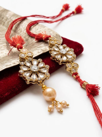 Dhiyona Set Of 2 Red Kundan Studded Floral Design Bhaiya Bhabhi Rakhi With Roli Chawal