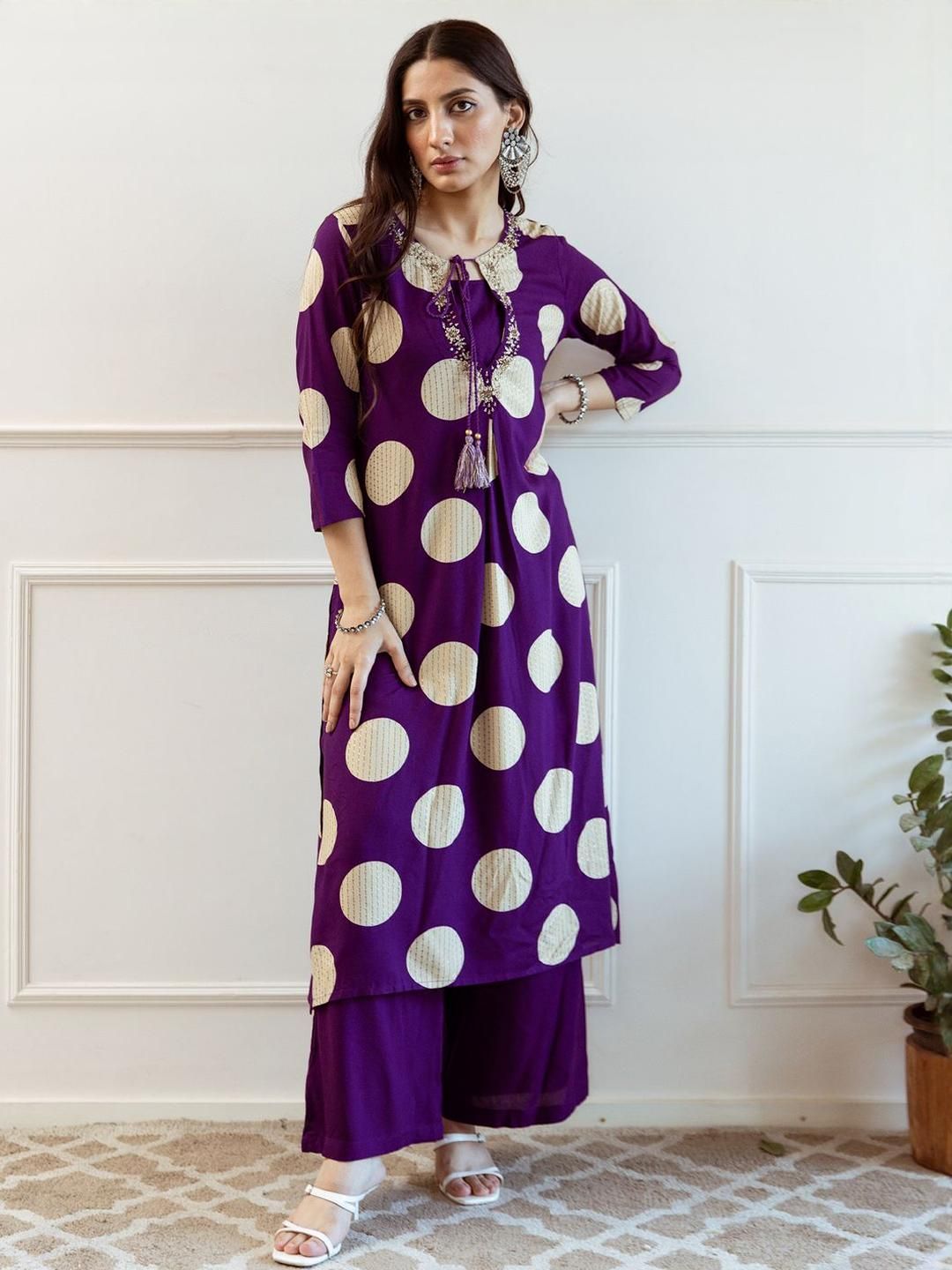 Women Printed Regular Beads and Stones A-Line Kurta with Palazzos