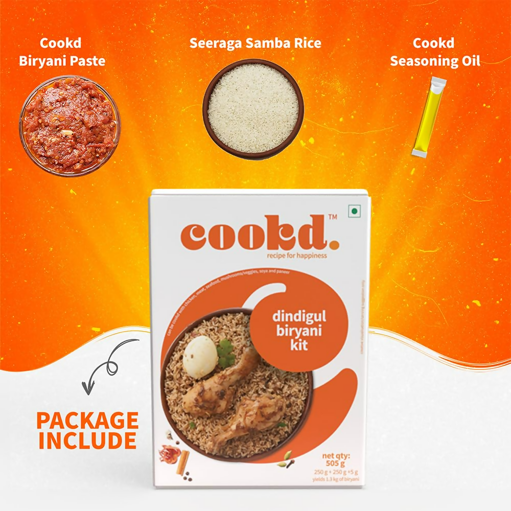 Cookd Dindigul Biryani Kit featuring spicy biryani masala spices in a colorful container with fresh herbs and ingredients.